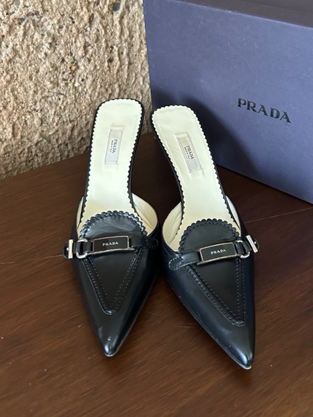 Prada Black Leather Pointed Toe Mules Heels 36.5 / US 6.5 - Picture 2 of 15